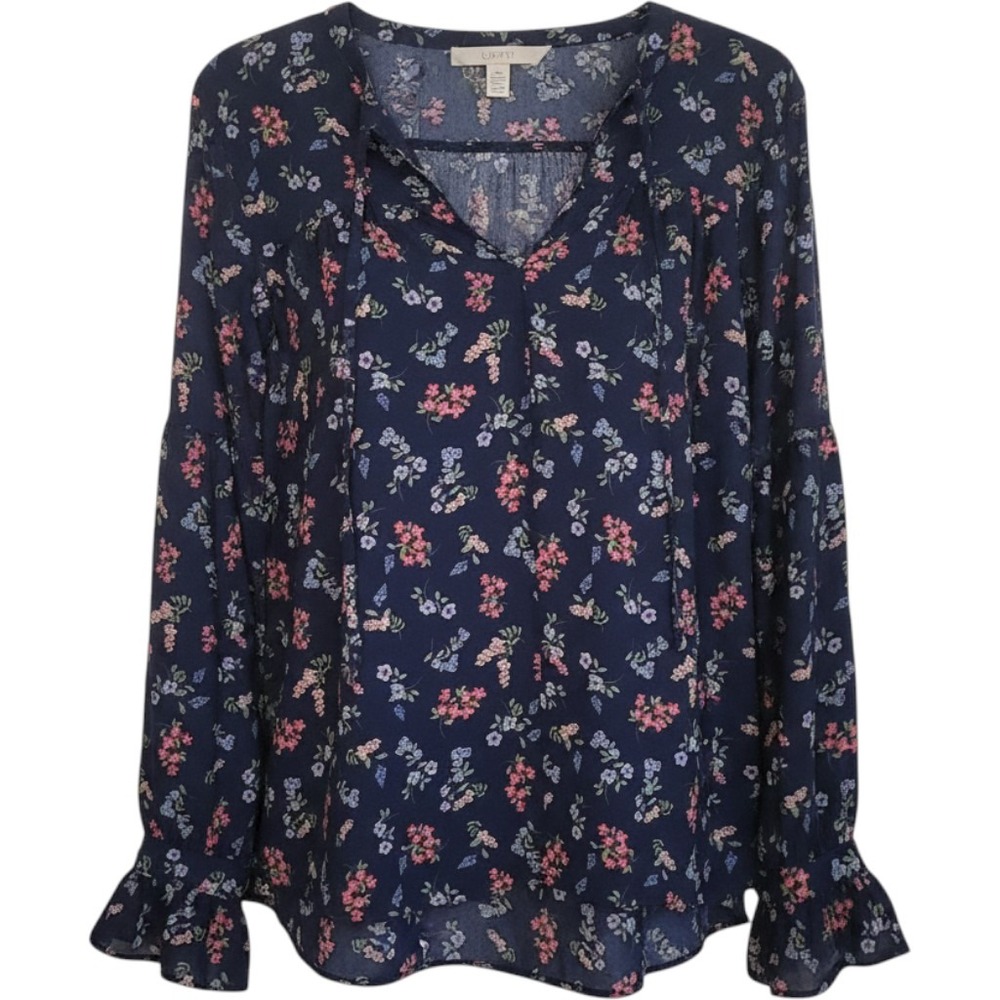 LOFT Floral Blouse Womens Large Navy Blue Excellent Boho Ruffle Tie Neck Top